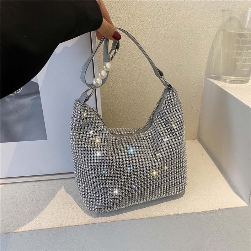 Women INS Fashion Rhinestone Square Bag Ladies Messenger Bag Designer Pearl Chain Shoulder Corssbody Bags Сумка Женская Багет_voghion.com