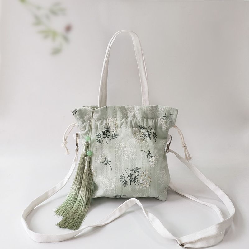 Sac Hanfu de Style littéraire traditionnel chinois Antique, portefeuille à pompon pour femmes, sac à main brodé à motif de bambou_voghion.com