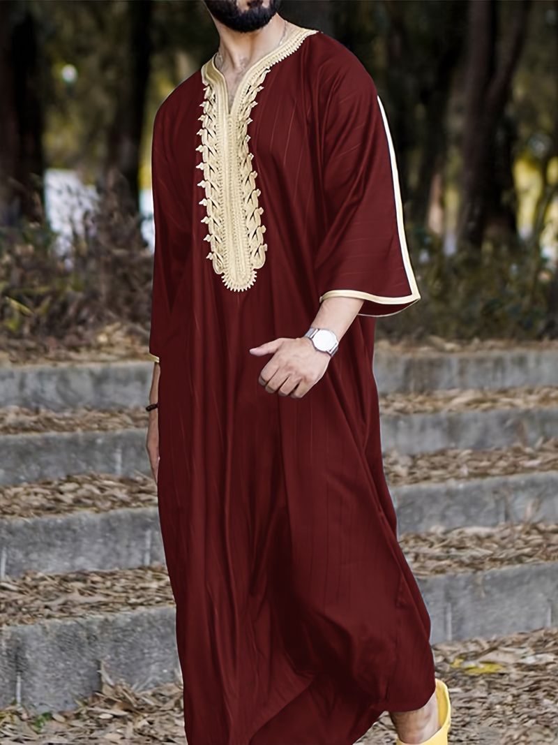 Men's Clothing Men's Robe Loose V Neck Short Sleeved Embroidered Muslim Men's Clothing_voghion.com