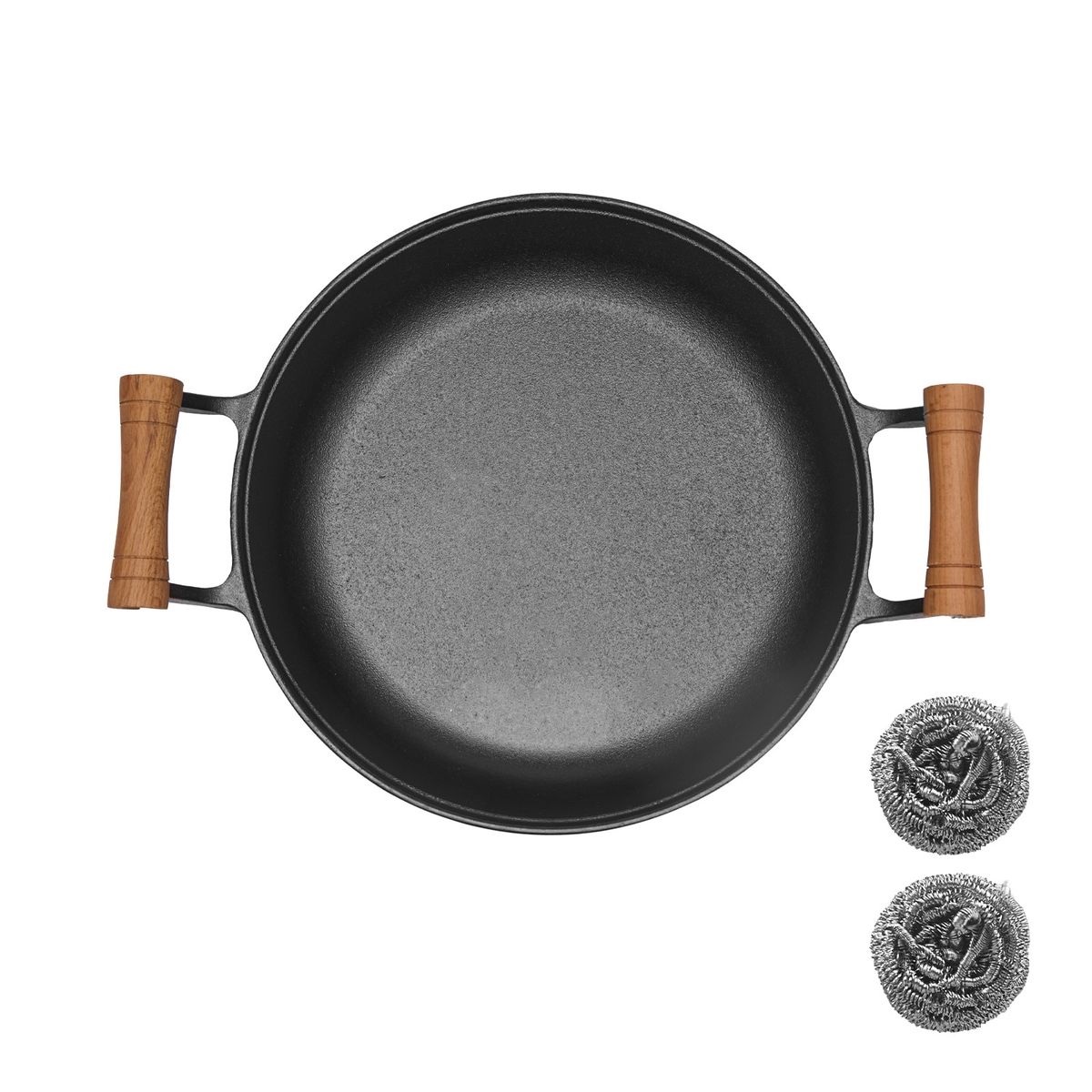 WANGYUANJI 11.8"Pancake Griddle With Wooden Handle, Cast Iron Skillet, Uncoated Pan For Home, Thickened Non-Stick Skillet, Multi-Purpose Skillet With Wire Balls_voghion.com