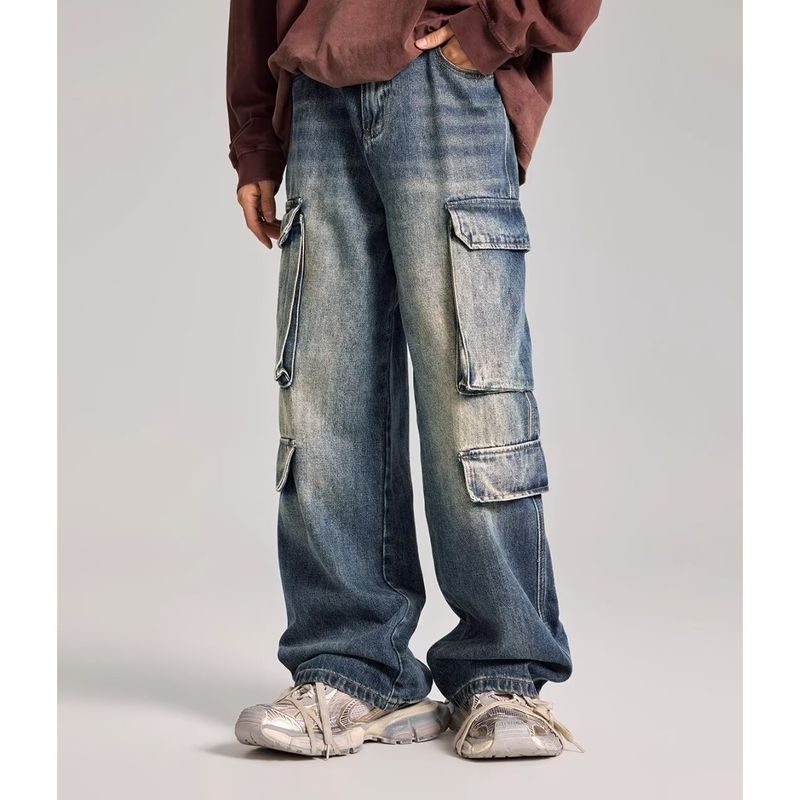 Herrenbekleidung Hosen Sport Button Denim Retro Lazy Distressed Straight Work Jeans Teenager Multi Pocket_voghion.com