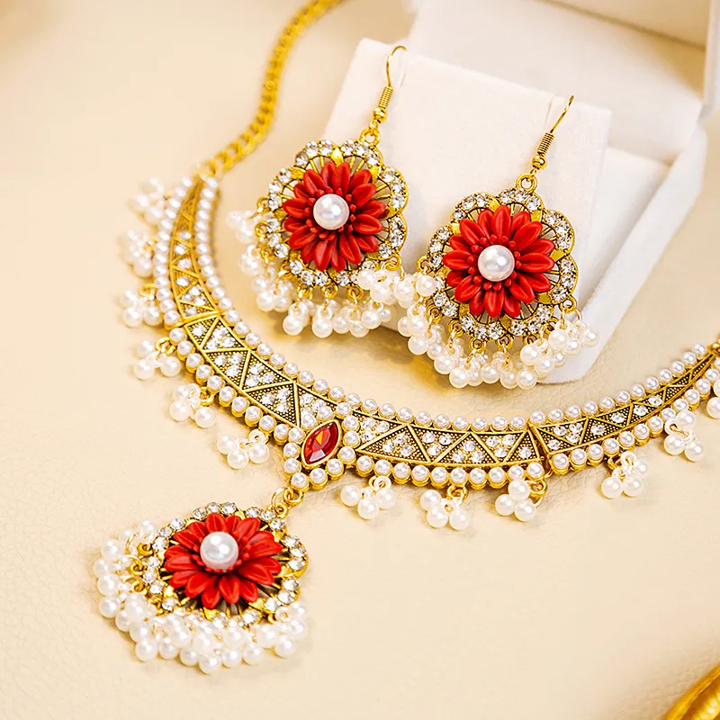 Ensemble de bijoux pour femmes Ensemble de boucles d'oreilles et collier en métal tendance avec perles et gouttes d'eau Bijoux exagérés_voghion.com