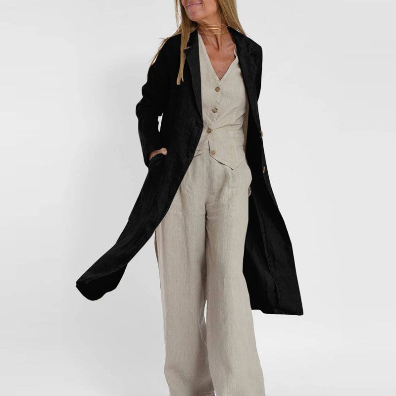 Chaqueta de lino y algodón para mujer, abrigo con cuello y bolsillos, de moda, de una sola fila y dos botones, color liso, para oficina, otoño 2023_voghion.com