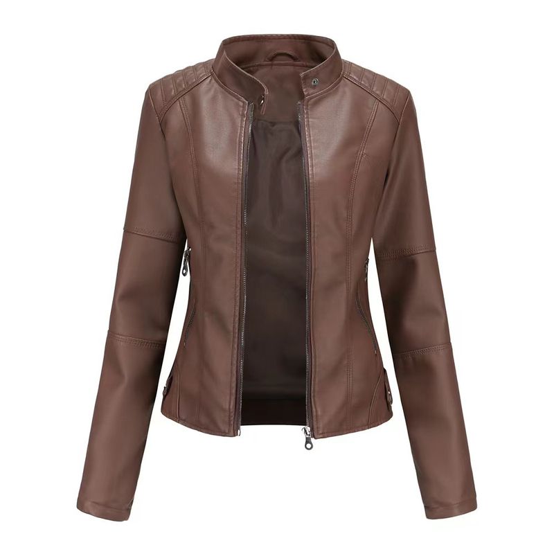 Women's Clothing slim motorcycle thin spring and autumn large size stand collar leather jackets_voghion.com