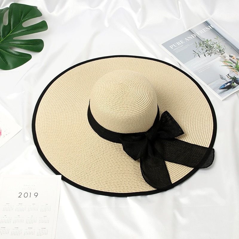 Elegant Ladies Oversized Brim Foldable Sun Hat Seaside Vacation Straw Hat Bow Dome Sun Hat_voghion.com