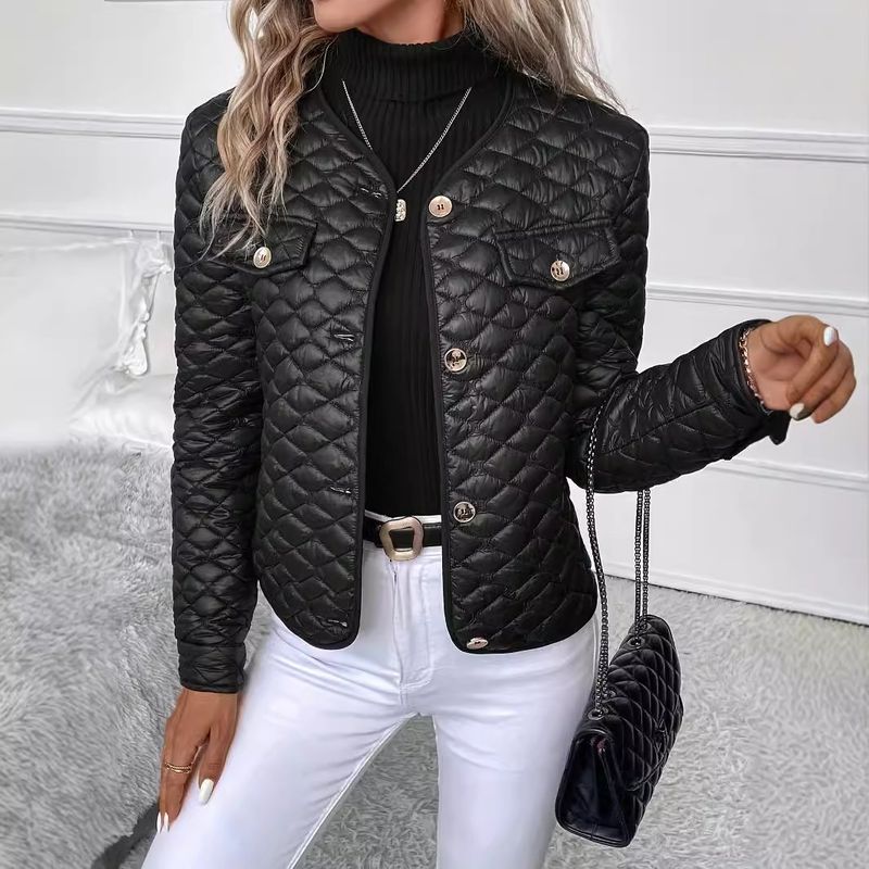 Damenbekleidung Kurze Steppjacke für Damen mit Rautenstich-Design, warmer Wintermantel, Schwarz, S/M/L/XL_voghion.com