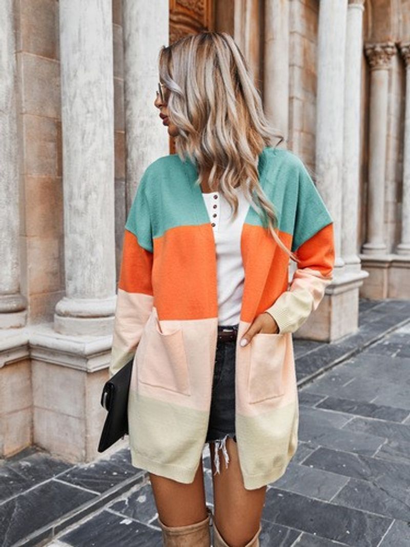 Vêtements pour femmes couleur contrastée Long pull tricoté arc-en-ciel épissage rayé poche Cardigan pull veste femmes_voghion.com