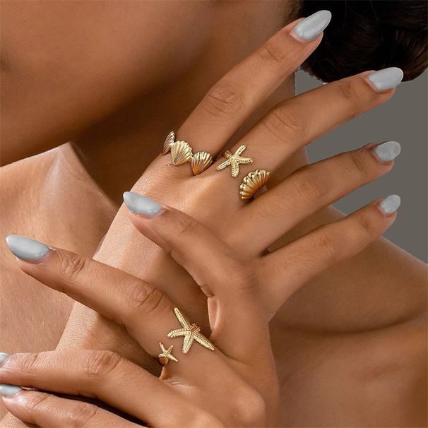 Bague ouverte en forme de cœur à vagues, sertie de diamants incrustés, style océan européen et américain, à la mode. Motif étoile de mer._voghion.com