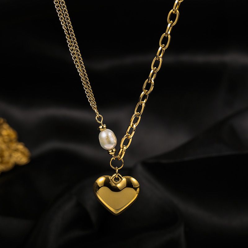 Collana placcata in oro di alta qualità, collana a forma di cuore in perle in stile barocco, collana da donna semplice e versatile, catena leggera e di lusso per clavicola_voghion.com