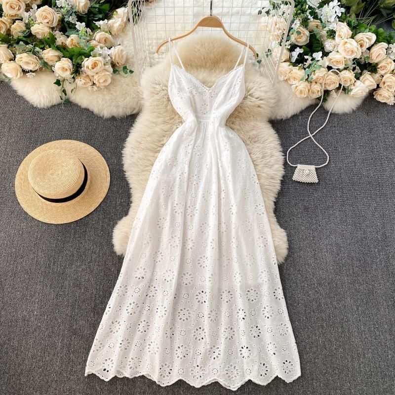 women's  Heavy Industry Hollow Flower Shape Sexy Collar Backless Suspender Dress Spring New Style Goddess Resort Style Long Skirt Trendy_voghion.com