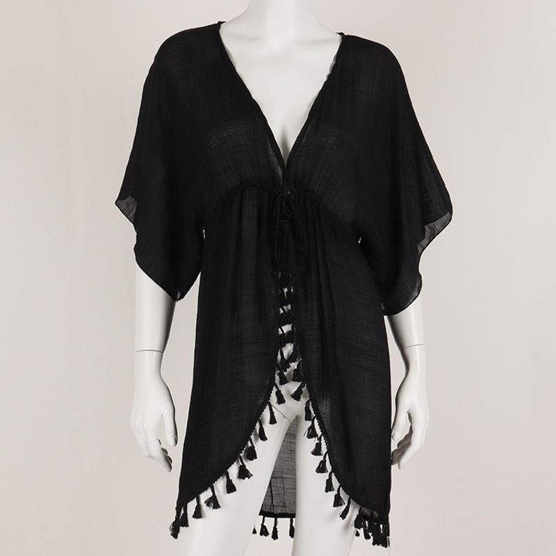 Summer Cool Sunscreen Pure White Beach Cotton Dress One Size Long Sleeve Ruffle Air Conditioning Cover-Up_voghion.com