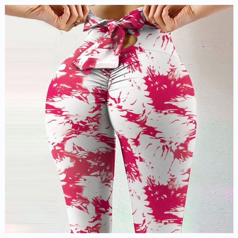 Damen Frühling/Sommer Mehrfarbig bedruckte Hip Lift Falten Slim Fit Yogahose mit hoher Taille und elastischer Schleife_voghion.com