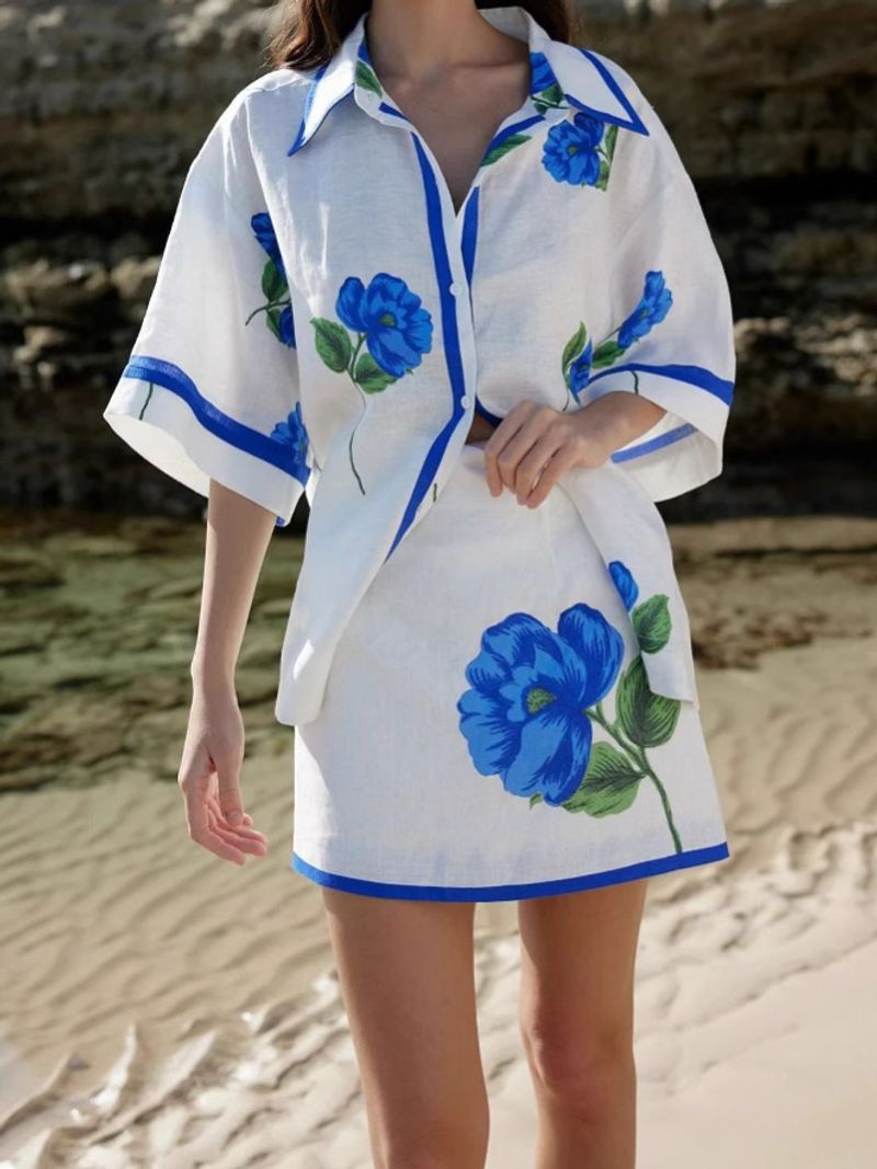 Damenbekleidung Damen Casual Positionierung Bedrucktes Leinen Kurzarmhemd Hüftrock Set_voghion.com