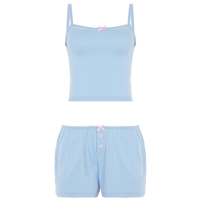 CNYISHE Pure Desire Style Basic Crop Top Strap Low Waist Button Decorated Shorts Homewear Two-Piece Set_voghion.com
