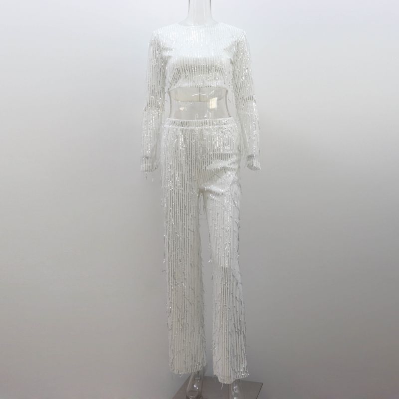 Costum de primăvară pentru femei, cu guler rotund, mânecă lungă, scurt, pantaloni, costum de două piese, tricou casual cu paiete și ciucuri_voghion.com