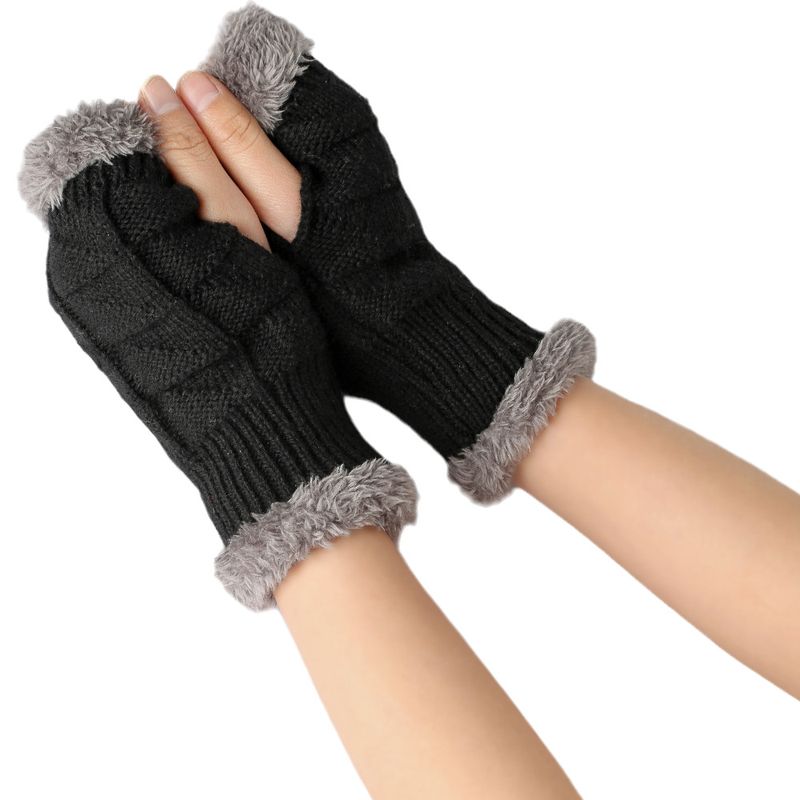 Girl's Accessories Plus Velvet Thickened Gloves Knitted Wool  Short Finger Leaking Wrist Sleeves Fur Short Gloves_voghion.com