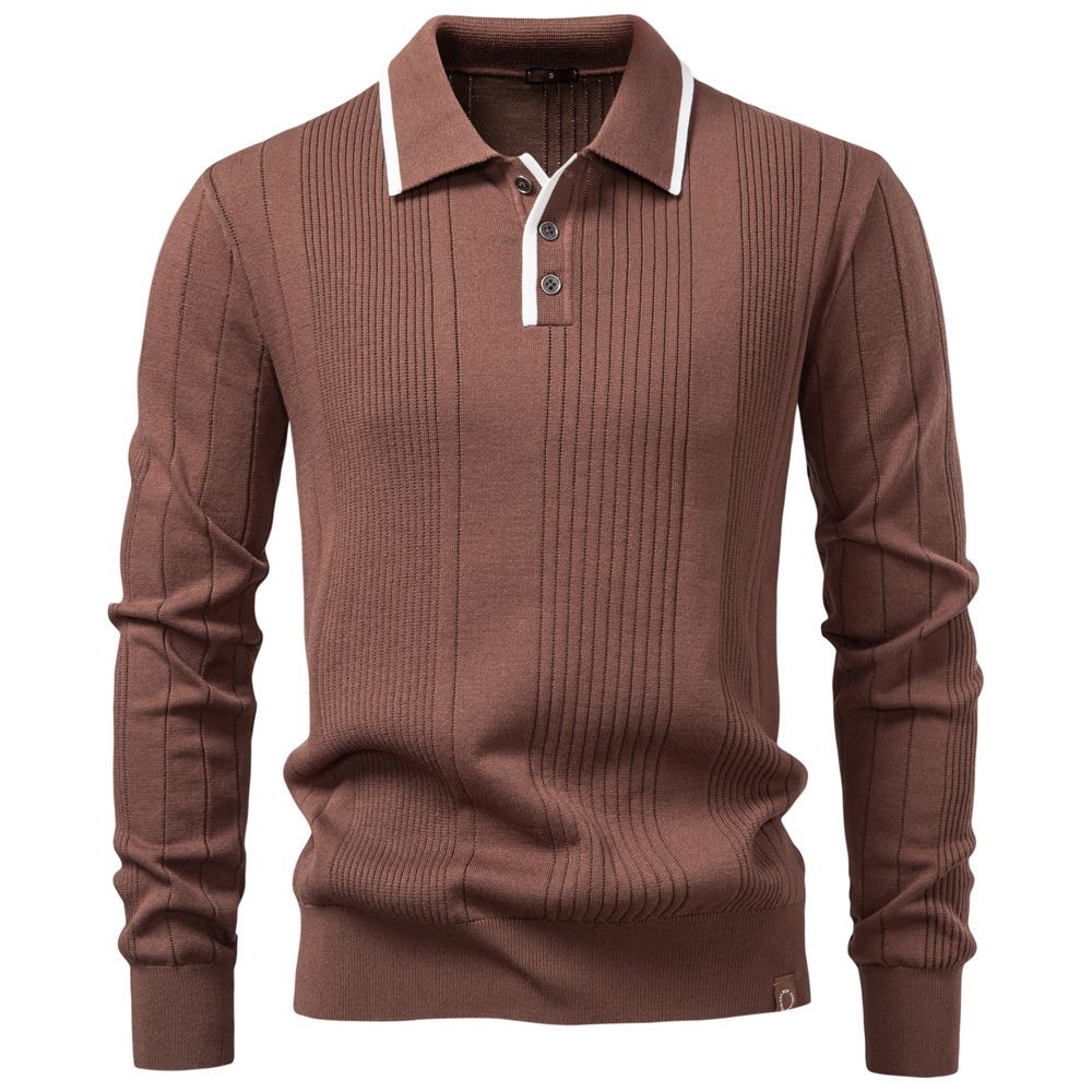 Men's Slim Fit Knit Sweater With Turn-Down Collar & Zipper - Modern Urban Pullover For Autumn Winter, High Elasticity Viscose Blend_voghion.com