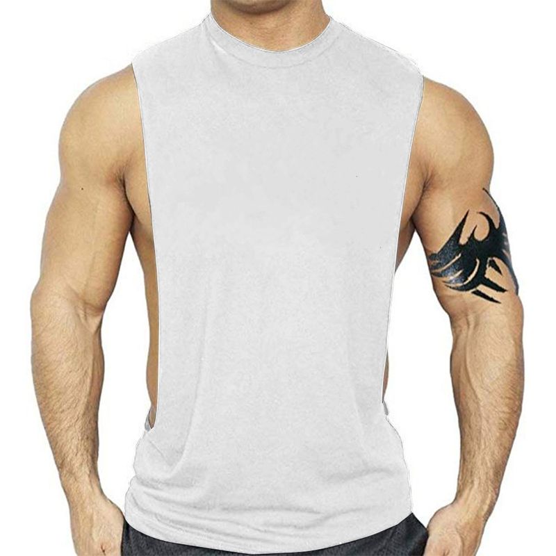 Men's fitness T-shirt, sports camisole, deep cut tank top, summer European cotton solid color round neck T-shirt_voghion.com