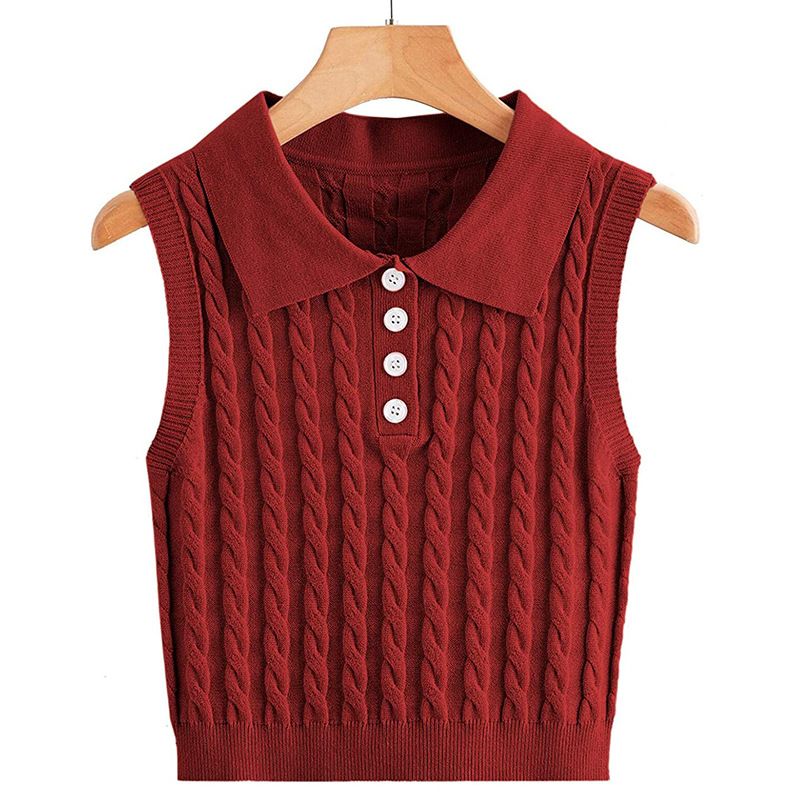 Women's Clothing sweater women's knitted vest twisted sleeveless lapel button pullover small vest_voghion.com