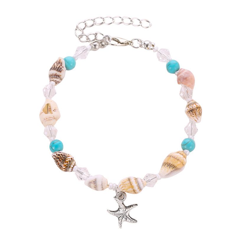 Turquoise Conch Shell Beach Starfish Pearl Bohemian Anklet_voghion.com