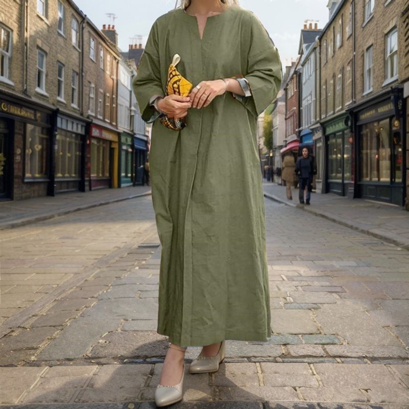 Vêtements pour femmes, robe ample décontractée en coton et lin de couleur unie, grande taille_voghion.com