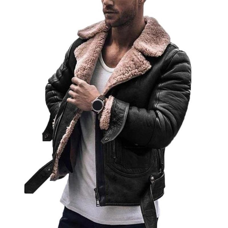 2020 mode Faux Pelz Revers Kragen Langarm Vintage Jacke Warme Outwear Motorrad Leder Mantel Männer_voghion.com