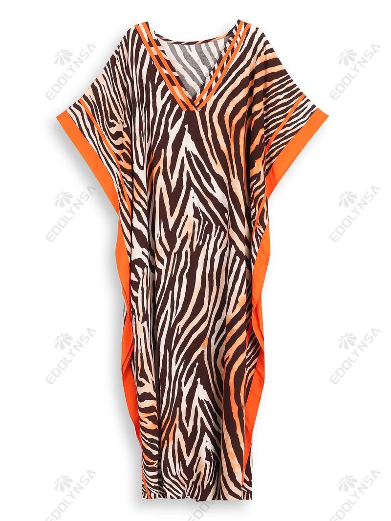 Sexy Zebra Striped Print V Neck Batwing Sleeve Turkish Kaftan Summer Women  Dress Beach Wear Swim Suit Cover ups | Voghion.com