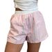 Damen Sommer Shorts Gestreift Gewebt Elastisch Hohe Taille Knopf Locker Lässig Bequem Basic_voghion.com