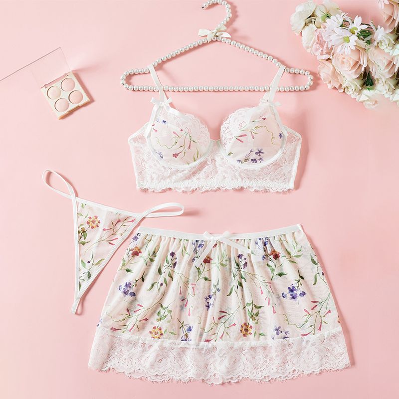 Lenjerie intimă sexy pentru femei, dantelă florală, sutien scurt, fustă scurtă, tanga, trei piese_voghion.com
