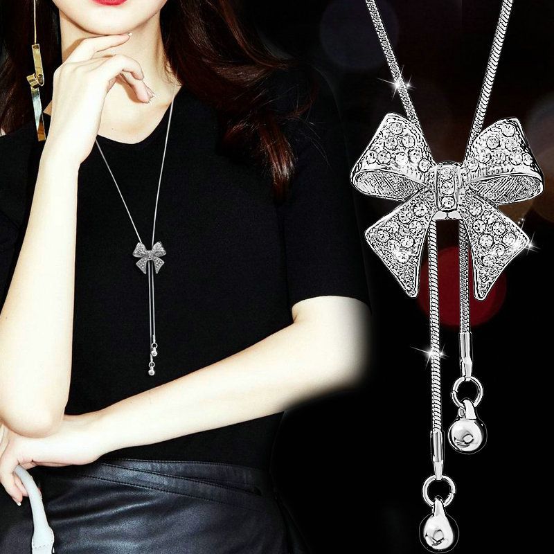Long Sweater Autumn Winter Simple Versatile Elegant Korean Hanging Chain Bowknot Necklace Women's Fashion Clothing_voghion.com