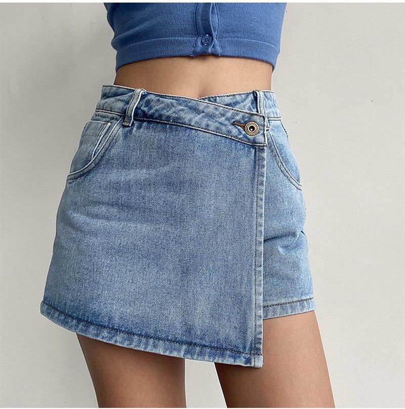 Damenbekleidung Hohe Taille A-Linie Denim-Shorts Sommer Neuer Stil Helle Farbe Zweiteiliges Design Temperament Schlank Hot Girl Rockhose_voghion.com