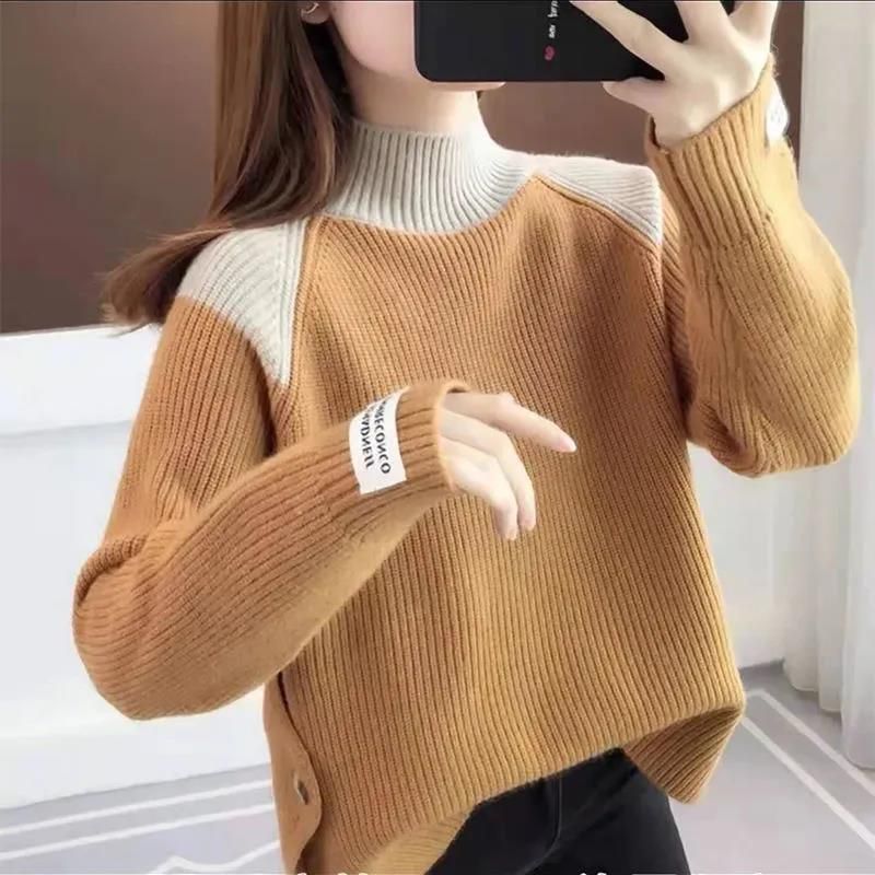 Maglione in maglia grossa – Pullover oversize a collo alto con dettagli color-block (caldo misto acrilico-poliestere, taglia unica)_voghion.com