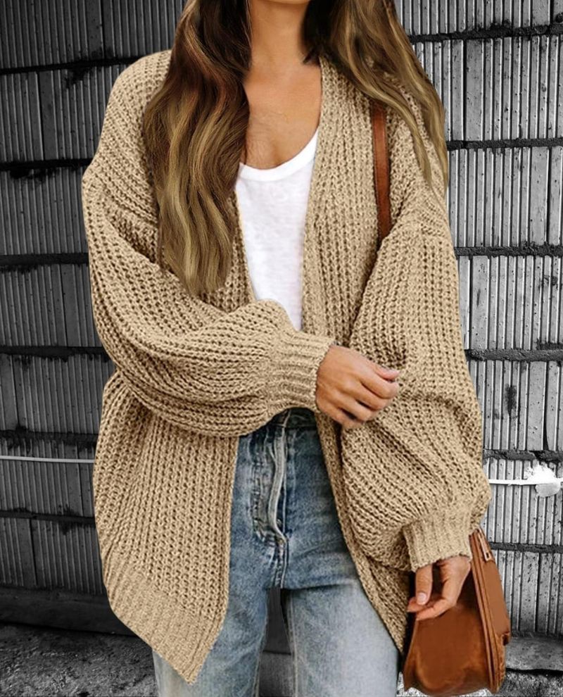 2024 Herbst/Winter Damen Strickjacke mit langen Laternenärmeln und Tasche, Strickpullover für Damen_voghion.com