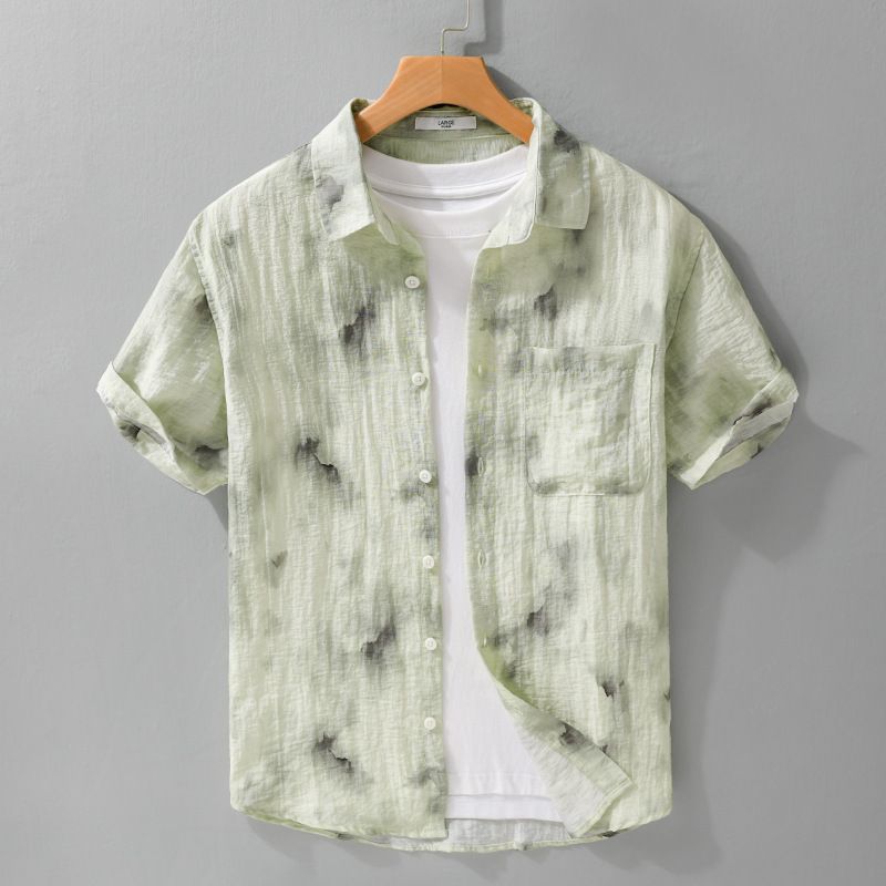 Camicia da uomo a maniche corte, semplice, casual, alla moda, versatile, con stampa estiva in lino fresco._voghion.com
