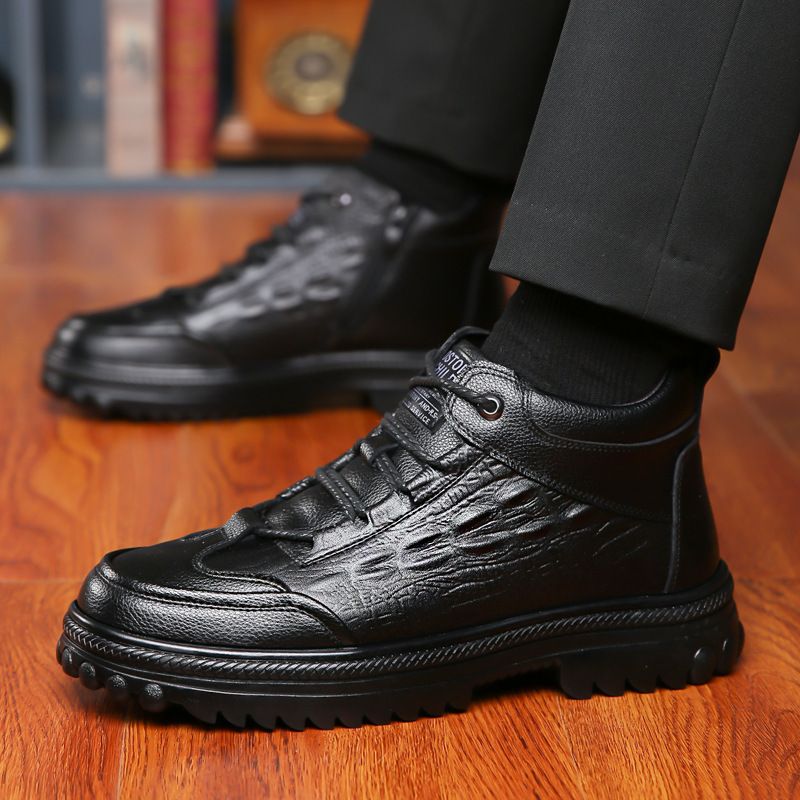 Crocodile pattern winter men's cotton shoes with warm high top thickened cotton shoes non-slip snow boots leather boots men_voghion.com