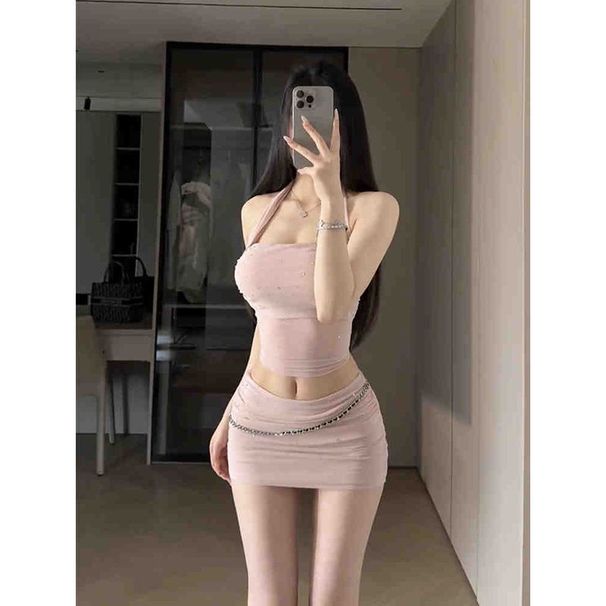 Pure Desire Sexy Halter Off-Shoulder Crop Top For Women Spring New Slim Fit Hot Girl Short Bodycon Skirt Set_voghion.com