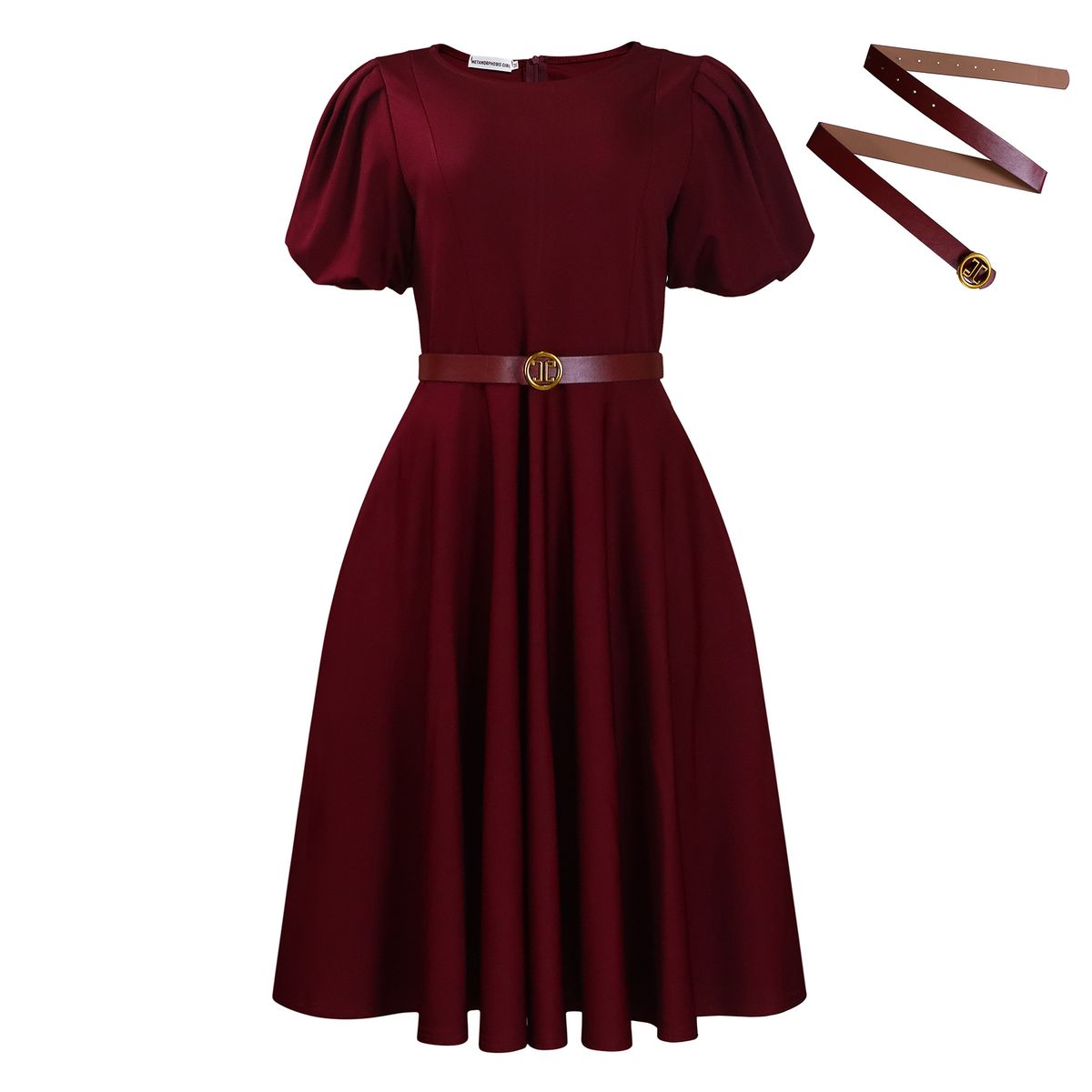 Women's Clothing round neck temperament elegant waist big swing puff sleeve A line skirt dress_voghion.com