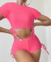 Maillot de bain deux pièces pour femme, couleur unie, style conservateur, manches courtes, lacets, fendu, bikini de plage_voghion.com
