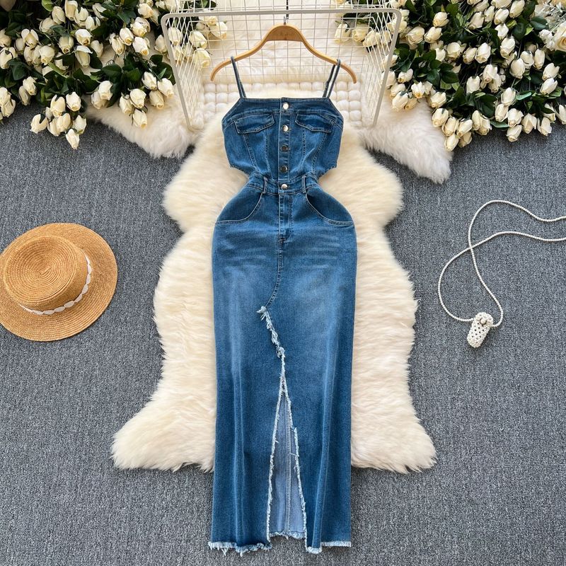 Women's  skirt design raw edge slit slim fit medium and long suspender dress women's summer wear_voghion.com