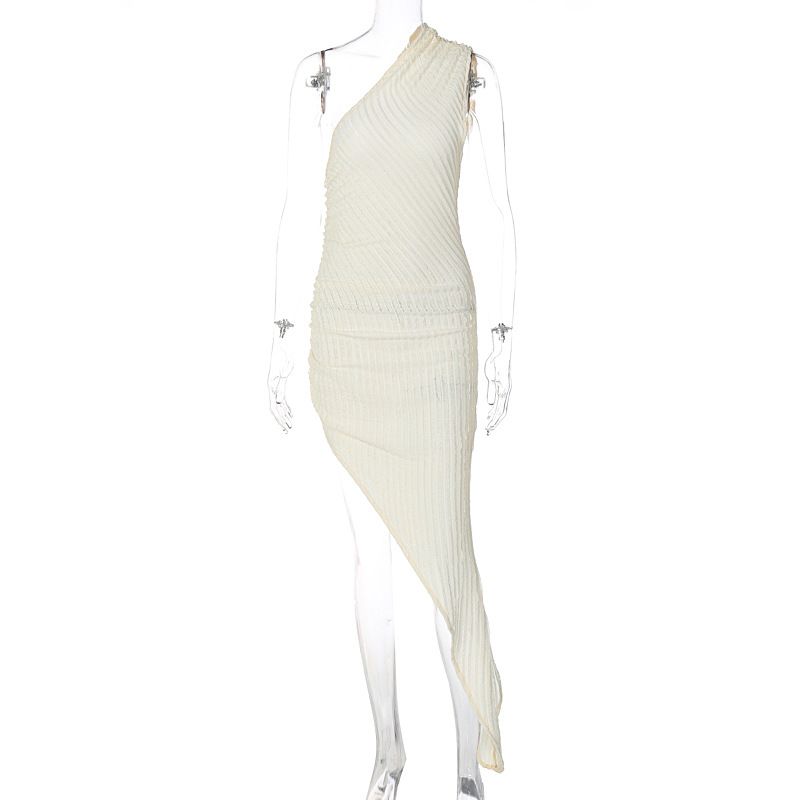 Women's 2023 Spring New Solid Color Oblique Shoulder Slim Fit Royal Sister Style Versatile Oblique Skirt Dress_voghion.com