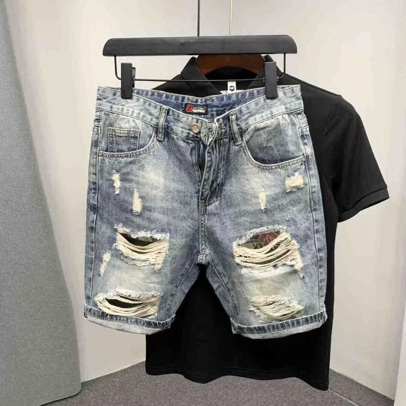 Männer Gerade Lose Koreanische Mode Denim Kurze Hosen Löcher Sommer Fünf Stück Jeans Shorts_voghion.com