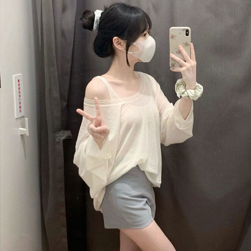 T-shirt d'été léger et ample pour femme avec protection solaire, t-shirt à manches longues, gilet camisole deux pièces_voghion.com