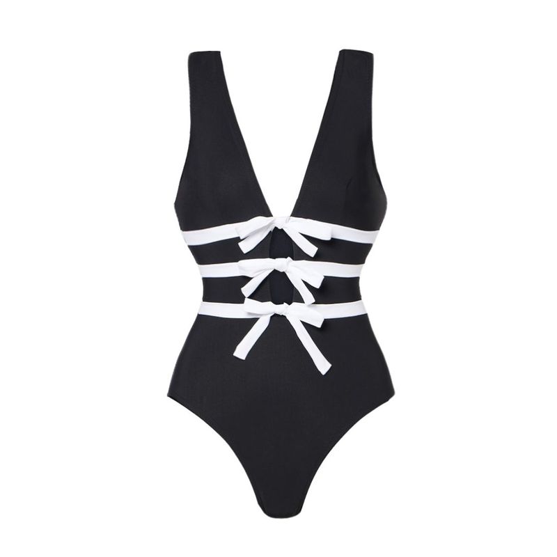 European And American Swimwear New V-neck Bow Hollow Black And White One-piece Swimsuit Suit Women's Cross-border_voghion.com