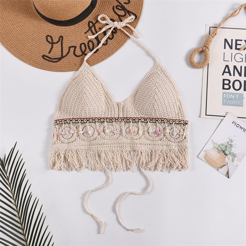 Halter hals klein vest sling binnenkleding met zichtbare schouderbanden en borst pads rugloze holle buis top geborduurd vest dames zomer korte top_voghion.com