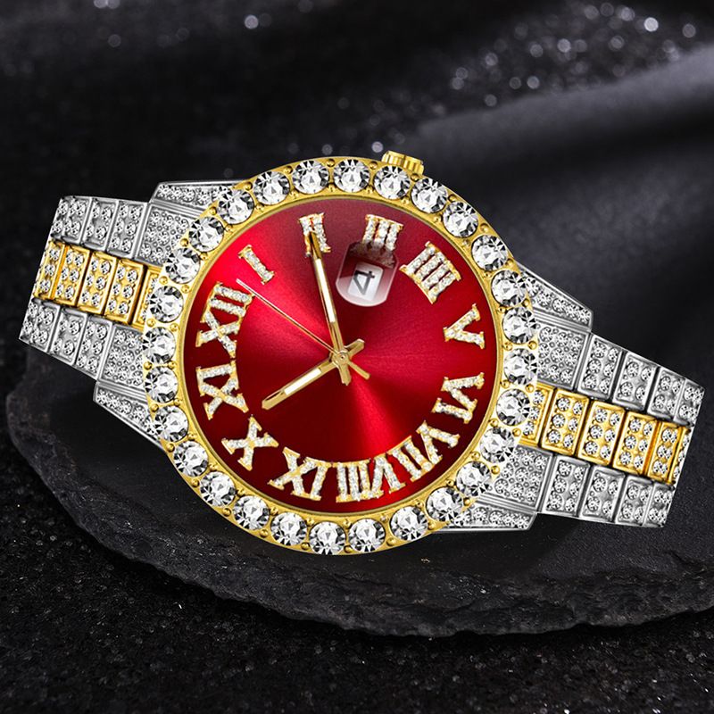 Business Grouss Zifferblat Voll Diamanten Glitzer Stolarmband Kalenner Quartz Auer (2 Stéck/Set)_voghion.com