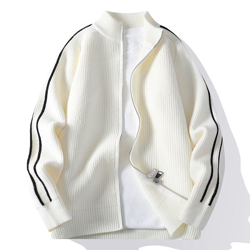 "Men's Casual Zip-Up Knit Sweater – Oversized Stand Collar Pullover With Stripe Detailing"_voghion.com