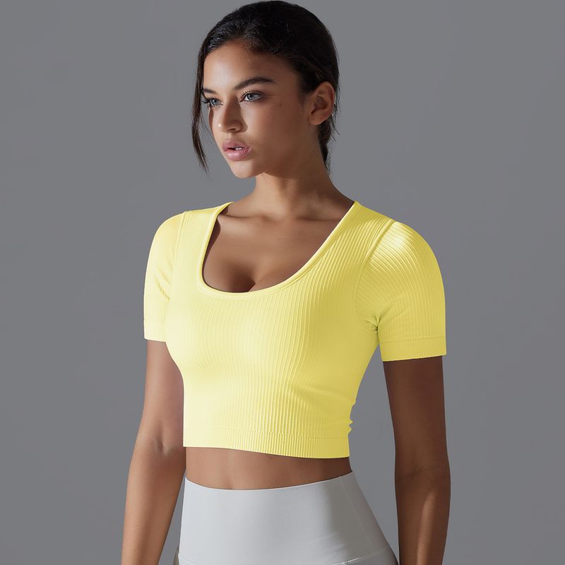 Neues nahtloses, einfarbiges, tief ausgeschnittenes, eng anliegendes T-Shirt mit Yoga-Anzug für Sport, Laufen, Fitness, kurzärmelige Damen_voghion.com