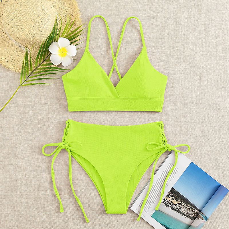 Damenbekleidung Sexy Badeanzug Einfarbig V-Ausschnitt Bikini Hoher Taillengurt Geteilter Mehrfarbiger Badeanzug_voghion.com