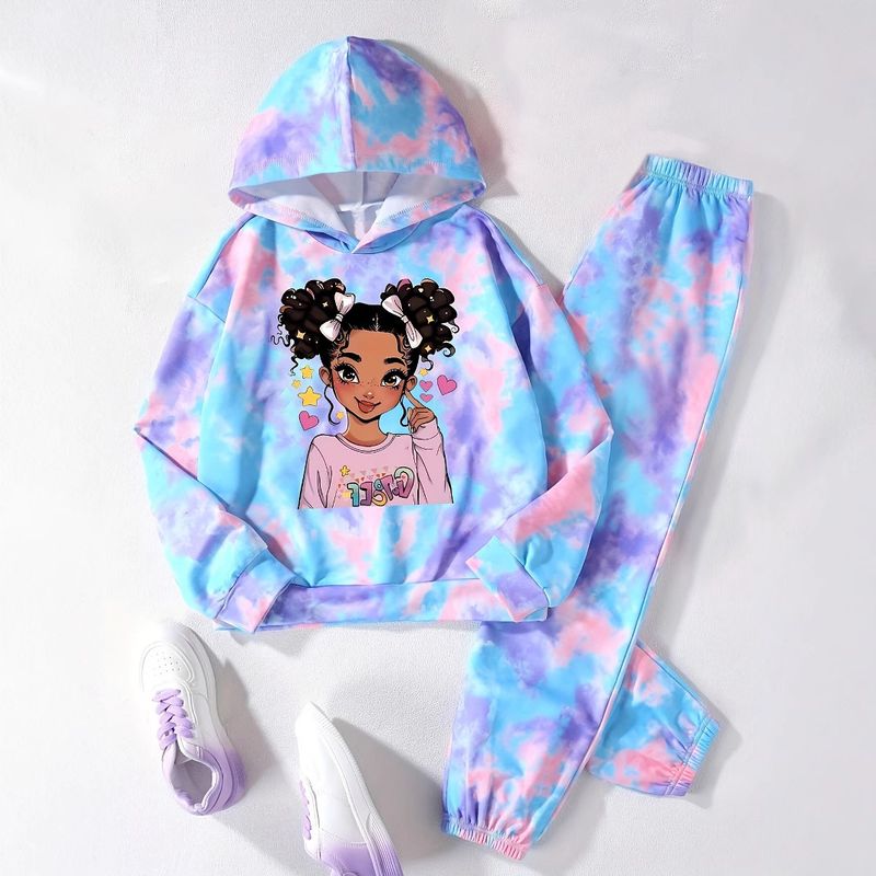 Mother & Kids Girls Cool Girl Stylish Tie Dye Full Print Trousers 2 Piece Autumn Suit_voghion.com