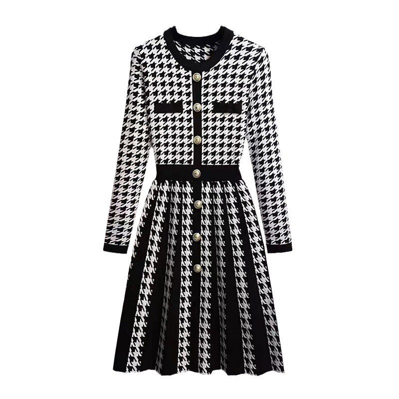 Damenbekleidung Strickkleid Herbst und Winter neuer Hahnentritt-Kontrastfarb-Rundhalsausschnitt Langarm-A-Linienrock_voghion.com